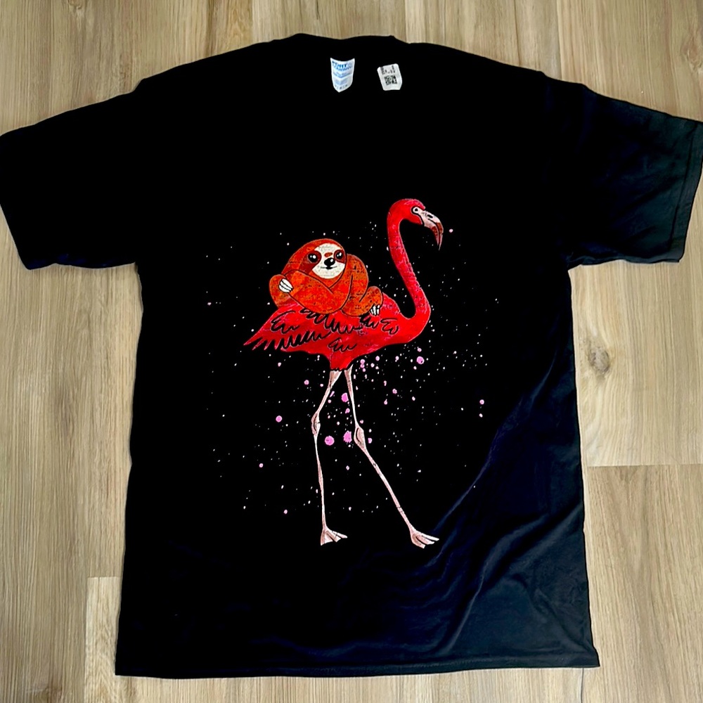 Port and Company Black Flamingo and Sloth Graphic Short Sleeve Tee M